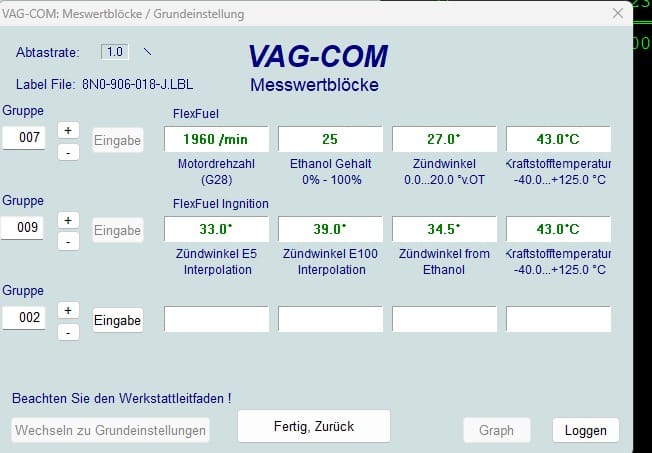 VAG-COM Messwertblöcke 007 / 009 – Ethanolgehalt & Zündwinkel live